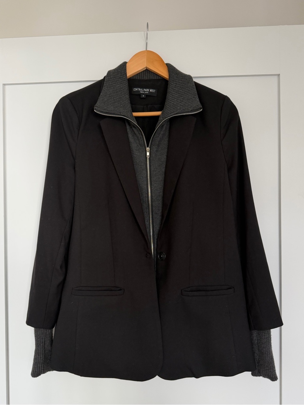 Central Park West Black Blazer with Gray Knit Zip-In Layer